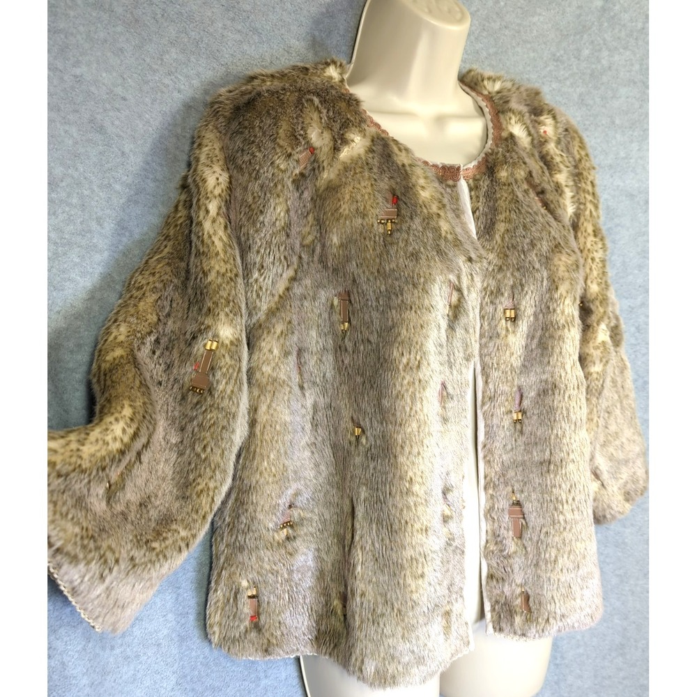 BLANKNYC Lux Boho Beaded Faux Fur Cropped Statement Jacket M/L Bohemian Luxury